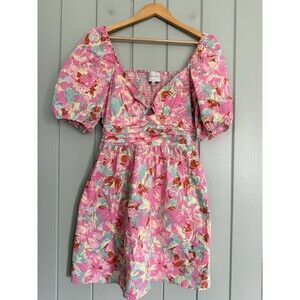 NWOT Charles Henry Pink Floral Dress L Large Sweetheart Cut Out Smocked Back